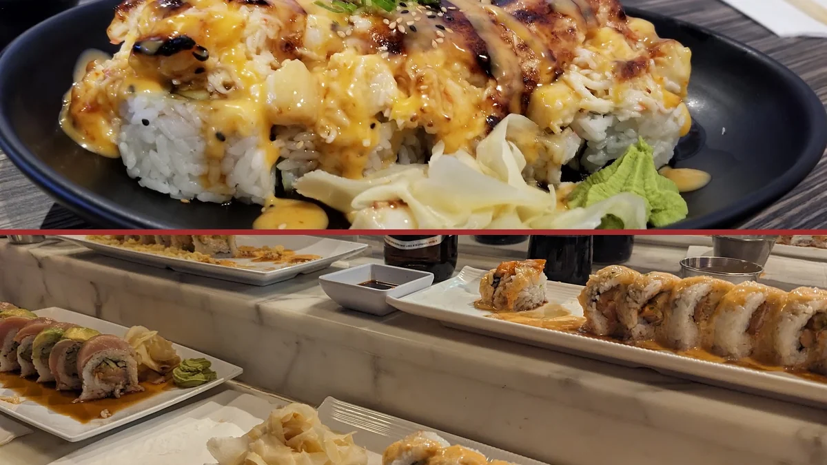 Plates of Japanese dishes in a cozy dining room.