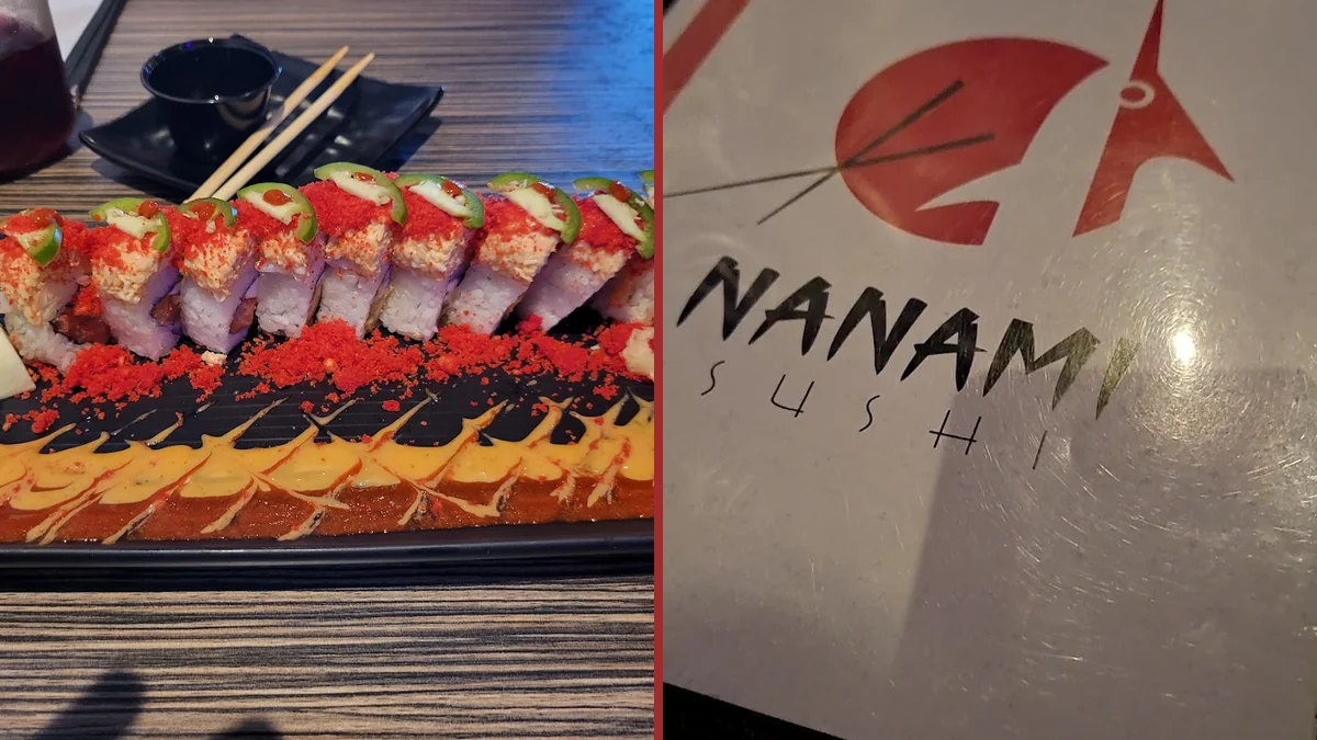 Sushi rolls on a casual restaurant table.