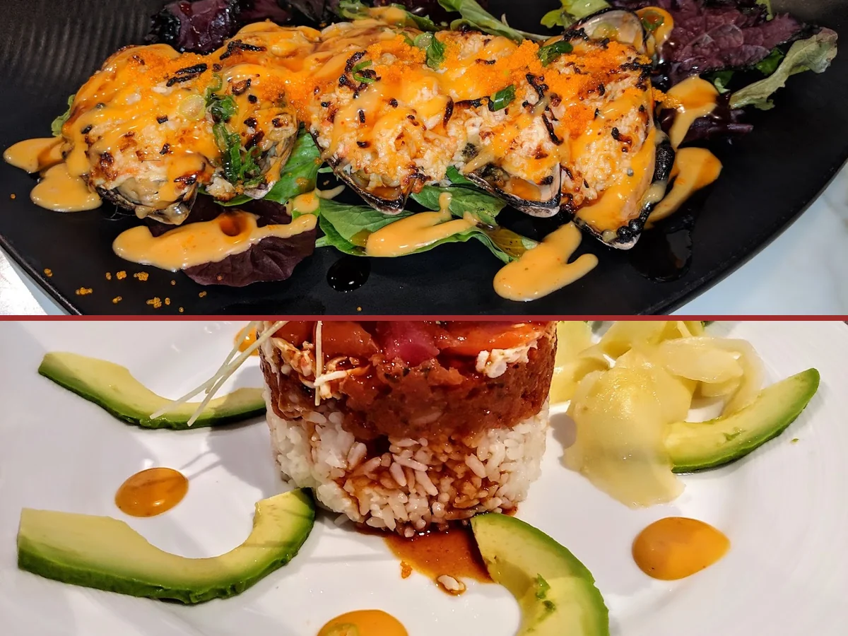Sushi rolls on a casual restaurant table.