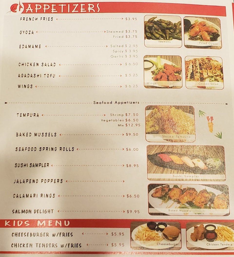 Printed menu showing sushi and hot entrees.